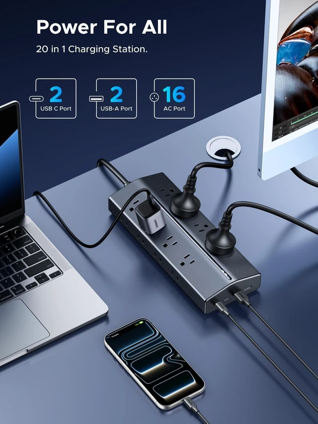 Alt view image 2 of 7 - 65W 20-in-1 GaN Surge Protector Power Strip, 5ft Extension Cord Wall Mountable, 16AC, 2 USB-C, 2 USB-A, 15A/1875W of Outload Protection, UL-Listed, Home/Office/Dorm Essential