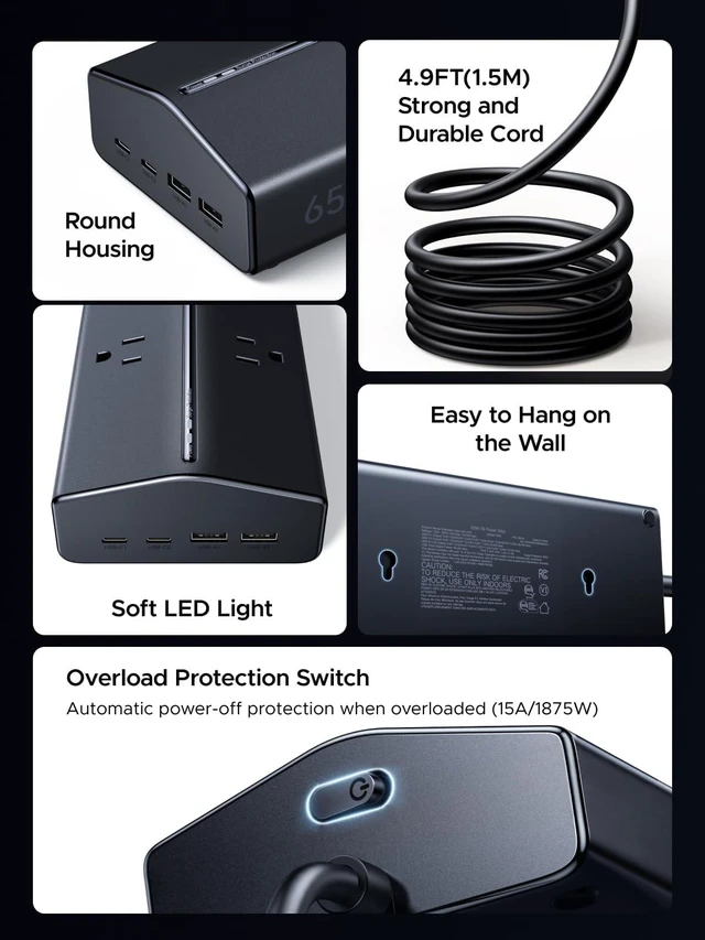 Alt view image 5 of 7 - 65W 20-in-1 GaN Surge Protector Power Strip, 5ft Extension Cord Wall Mountable, 16AC, 2 USB-C, 2 USB-A, 15A/1875W of Outload Protection, UL-Listed, Home/Office/Dorm Essential