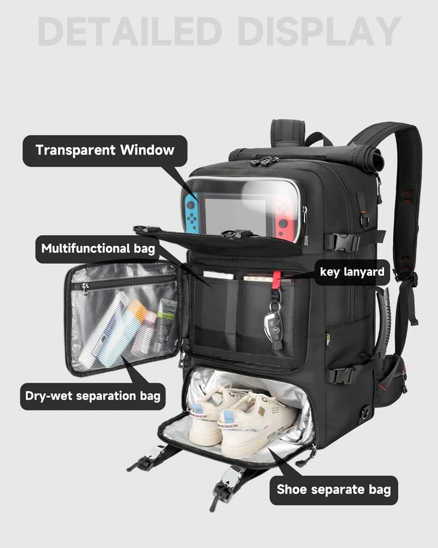 Alt view image 4 of 7 - Travel backpack for men,60L Extra Large Carry on Backpack Durable Convertible Duffle Bag with Shoe Compartment Fit for 17 Inch Laptop for travel, camping,Weekender Hiking