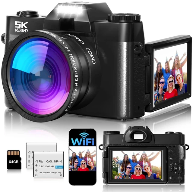Main image of Digital Camera,UHD 75MP 5K Digital Cameras for Photography with WiFi,64GB SD Card Vlogging Travel Camera for YouTube,Featuring 3" 180°Flip Screen,Suitable for Beginners and Teens,Black