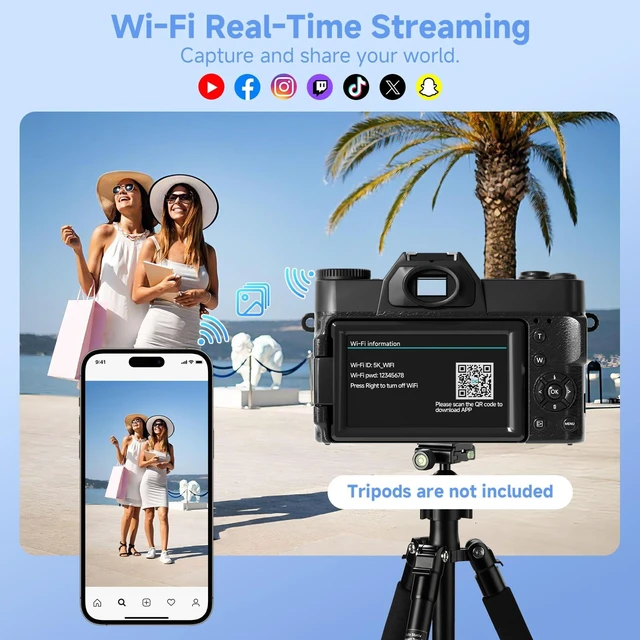 Alt view image 4 of 7 - Digital Camera,UHD 75MP 5K Digital Cameras for Photography with WiFi,64GB SD Card Vlogging Travel Camera for YouTube,Featuring 3" 180°Flip Screen,Suitable for Beginners and Teens,Black