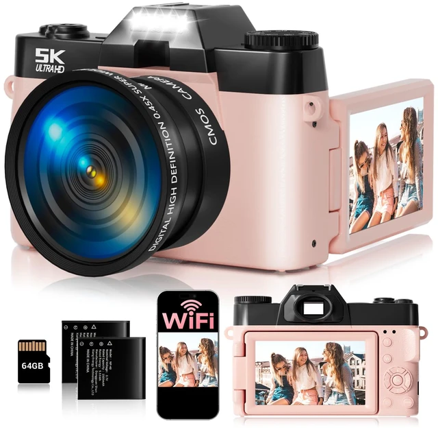 Main image of 5K Digital Camera for Photography,UHD 75MP WiFi Vlogging Camera for YouTube,Compact Camera with 3" 180°Flip Screen,64GB SD Card,16X Digital Zoom,2 Batteries,Perfect for Beginners and Teens,Pink