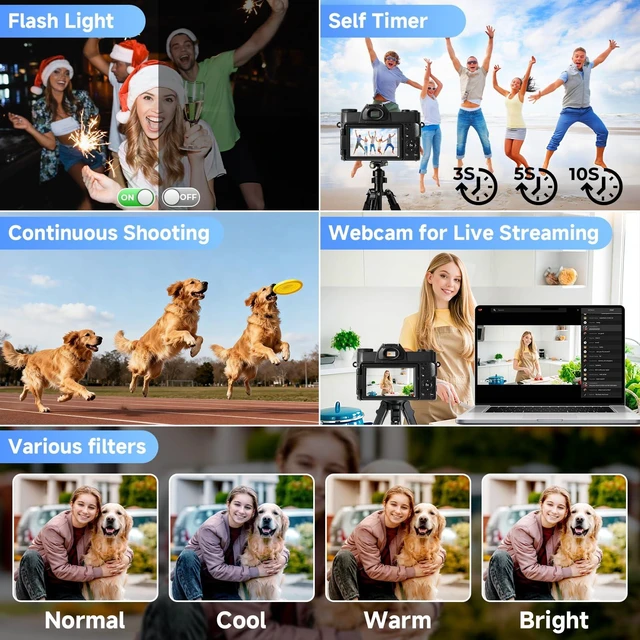 Alt view image 6 of 7 - Digital Camera,UHD 75MP 5K Digital Cameras for Photography with WiFi,64GB SD Card Vlogging Travel Camera for YouTube,Featuring 3" 180°Flip Screen,Suitable for Beginners and Teens,Black
