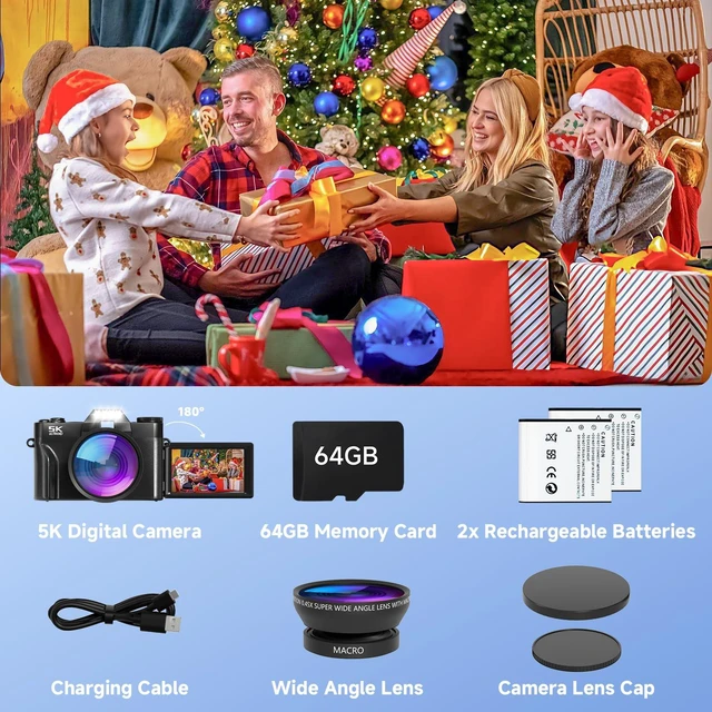 Alt view image 7 of 7 - Digital Camera,UHD 75MP 5K Digital Cameras for Photography with WiFi,64GB SD Card Vlogging Travel Camera for YouTube,Featuring 3" 180°Flip Screen,Suitable for Beginners and Teens,Black