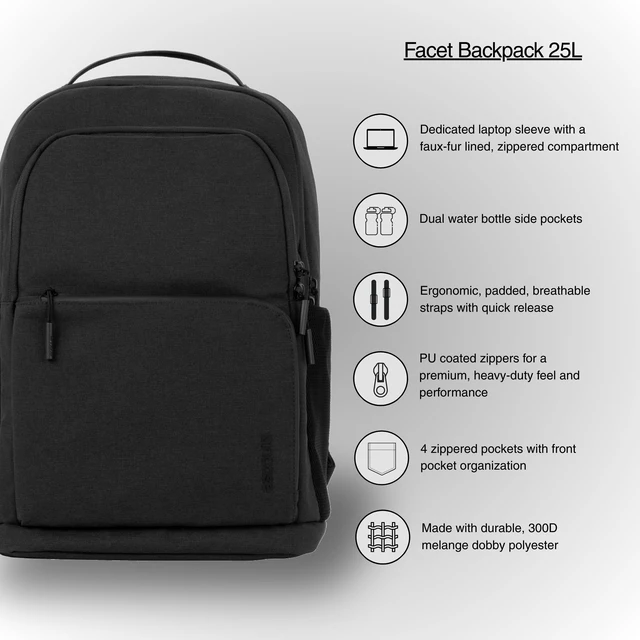 Alt view image 3 of 7 - Facet 25L Durable Travel Backpack + Laptop Bag with Computer Sleeve with Quick Release Strap - Carry On Backpack (Black, 25L)