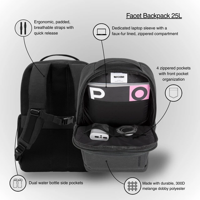 Alt view image 4 of 7 - Facet 25L Durable Travel Backpack + Laptop Bag with Computer Sleeve with Quick Release Strap - Carry On Backpack (Black, 25L)