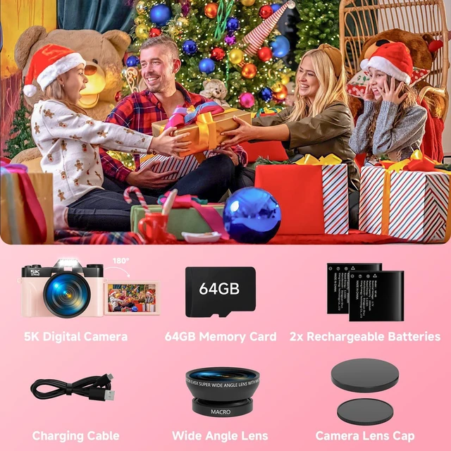 Alt view image 7 of 7 - 5K Digital Camera for Photography,UHD 75MP WiFi Vlogging Camera for YouTube,Compact Camera with 3" 180°Flip Screen,64GB SD Card,16X Digital Zoom,2 Batteries,Perfect for Beginners and Teens,Pink