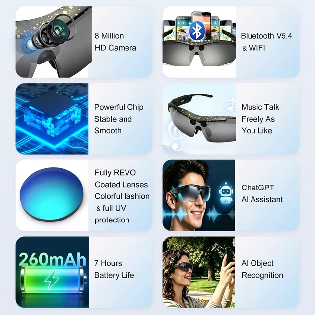 Alt view image 2 of 7 - AI Smart Sports Glasses with 8MP Camera, 4K Video Recording Glasses Cycling Sunglasses with Anti-Shake Camera, Replaceable Lenses,Translation, AI Assistant,Object Recognition, IP64 Waterproof