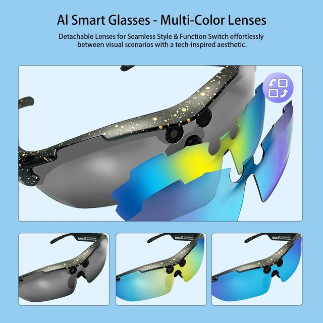 Alt view image 5 of 7 - AI Smart Sports Glasses with 8MP Camera, 4K Video Recording Glasses Cycling Sunglasses with Anti-Shake Camera, Replaceable Lenses,Translation, AI Assistant,Object Recognition, IP64 Waterproof