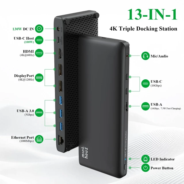 Alt view image 3 of 7 - Laptop Docking Station, 12-in-1 USB-C Docking Station, Triple Display with 1xHDMI and 2xDP, 10 Gbps USB-C and 5 Gbps USB-A Data, Ethernet, Audio, 100W Charging for Dell, HP, Lenovo and More