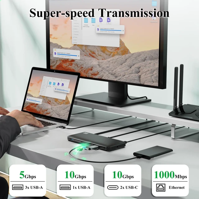 Alt view image 4 of 7 - Laptop Docking Station, 12-in-1 USB-C Docking Station, Triple Display with 1xHDMI and 2xDP, 10 Gbps USB-C and 5 Gbps USB-A Data, Ethernet, Audio, 100W Charging for Dell, HP, Lenovo and More