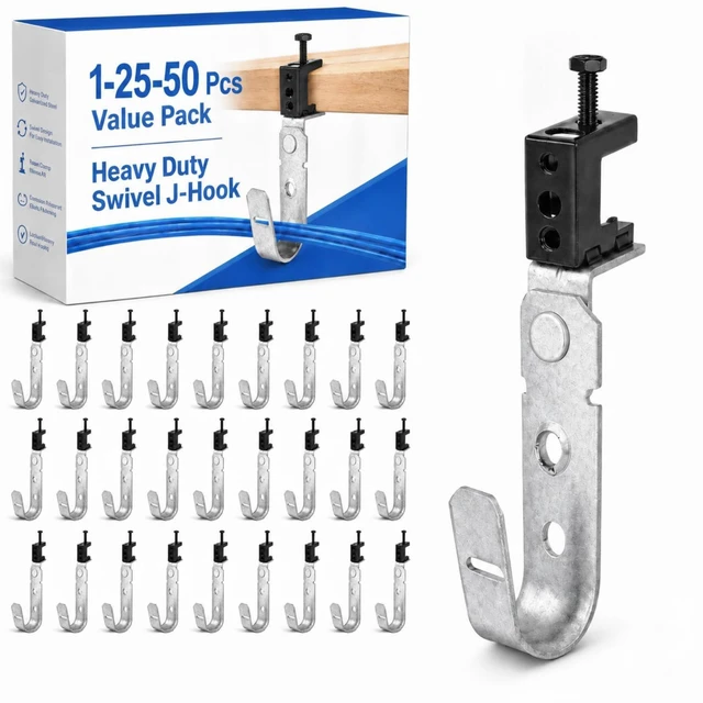 Main image of 25 Pcs 1-5/16" Cable Support J Hook with Beam Clam J Hook Hanging Cable Swivel Heavy-duty J Hook Hanging, Cable Organize Wire Management, Wall Mount Cable Support, G60 Galvanized Steel