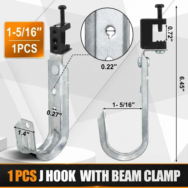 Alt view image 2 of 6 - 25 Pcs 1-5/16" Cable Support J Hook with Beam Clam J Hook Hanging Cable Swivel Heavy-duty J Hook Hanging, Cable Organize Wire Management, Wall Mount Cable Support, G60 Galvanized Steel