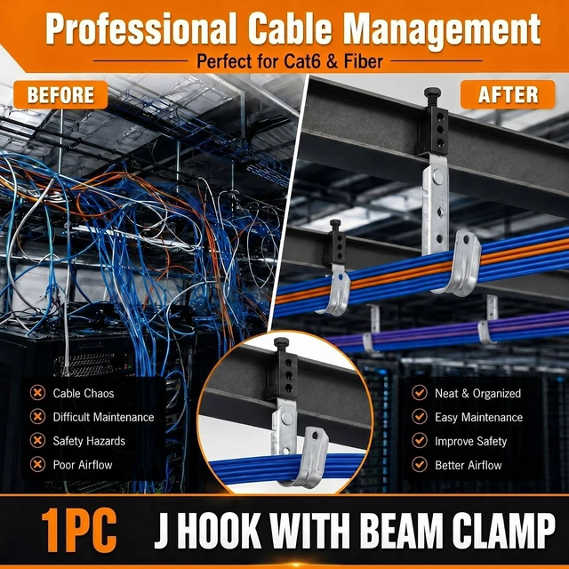 Alt view image 6 of 6 - 25 Pcs 1-5/16" Cable Support J Hook with Beam Clam J Hook Hanging Cable Swivel Heavy-duty J Hook Hanging, Cable Organize Wire Management, Wall Mount Cable Support, G60 Galvanized Steel