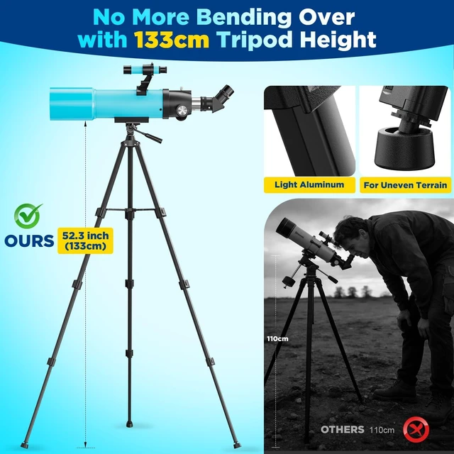 Alt view image 4 of 7 - 90mm Refractor Telescope for Adults & Kids: 150X Scope with 133cm Tripod 90mm Large Aperture, Fully Multi-Coated Optics, Brighter Views, Higher Contrast, 20X-150X Magnification, Tool-Free Setup