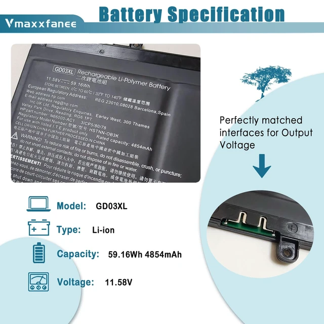 Alt view image 2 of 7 - GD03XL N66215-005 Battery Replacement for HP Envy x360 14 2-in-1 14-fa0000/ OmniBook X 14/ EliteBook Ultra G1q Series Notebook N66000-AC1 N66000-1E1 11.58V 4854mAh 59.16Wh