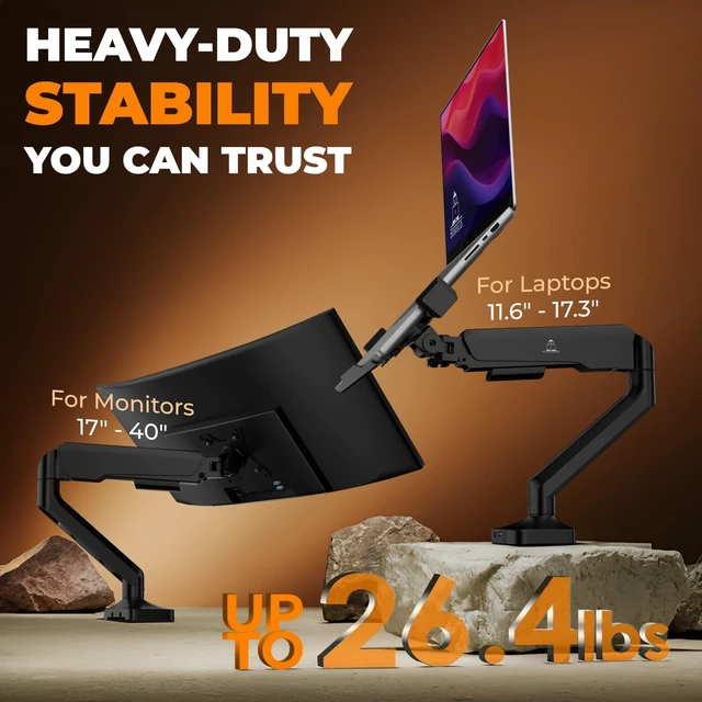 Alt view image 3 of 6 - Elevate Pro - Heavy-Duty Standing Laptop Mount for Desk (11"-17.3" - max. 26lbs) Fully Adjustable Gas Spring Arm Stand - Clamp & Grommet Base - Steel Plates for Desk Protection & Stability