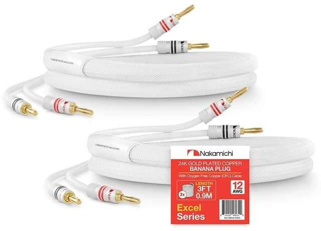 Main image of 24k Gold Plated Banana Plugs Speaker Cables 99.9% OFC (3 Feet) Oxygen-Free Copper, Excel Series, Amplifier Heavy Duty Braided In-Wall CL2 Rated Wires - White (12AWG / 3ft / 0.9m) 2-Pack