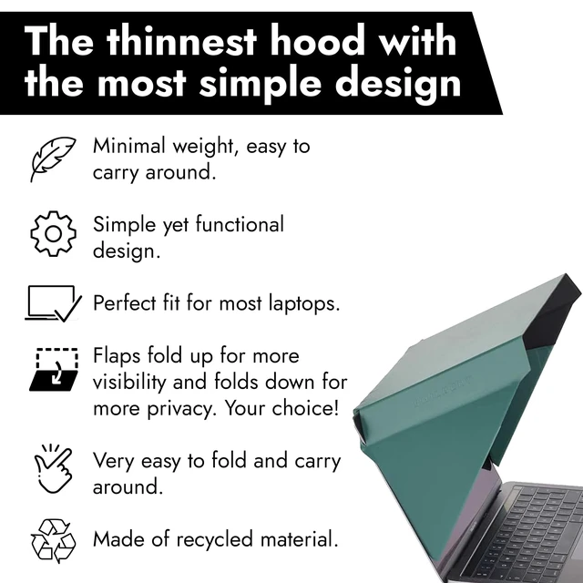 Alt view image 3 of 7 - 4-in-1 Laptop Screen Shade Original Slim Hood Sun, Privacy, Heat & Contrast Protection, Lightweight & Travel-Friendly, Fits 1516 MacBook & PC, Patented, Green