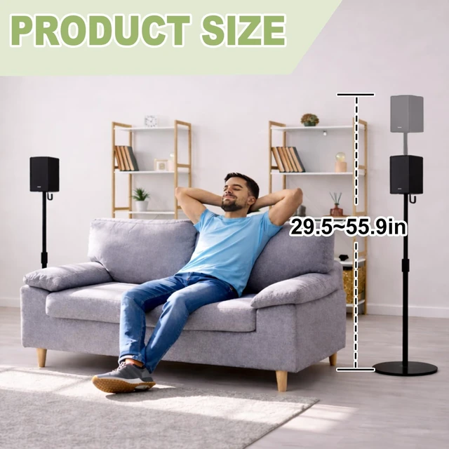 Alt view image 3 of 7 - 29.5-55.9" Speaker Stands Pair for Surround Sound, 17lbs Capacity Black Alloy Steel Bookshelf Tall Speaker Stands Compatible with Bose Sony JBL Samsung Polk Yamaha,Cable Management