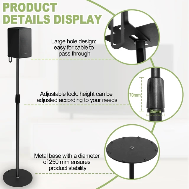 Alt view image 6 of 7 - 29.5-55.9" Speaker Stands Pair for Surround Sound, 17lbs Capacity Black Alloy Steel Bookshelf Tall Speaker Stands Compatible with Bose Sony JBL Samsung Polk Yamaha,Cable Management