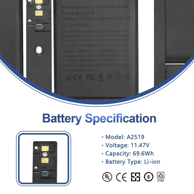 Alt view image 2 of 7 - A2519 Laptop Battery Replacement for MacBook Pro 14 inch A2442 (Late 2021) M1 MAX 10 CPU 24 GPU (Late 2021) A2442 Battery with Tools EMC3650 11.47V 69.6Wh Easy Installation, Long Battery Life
