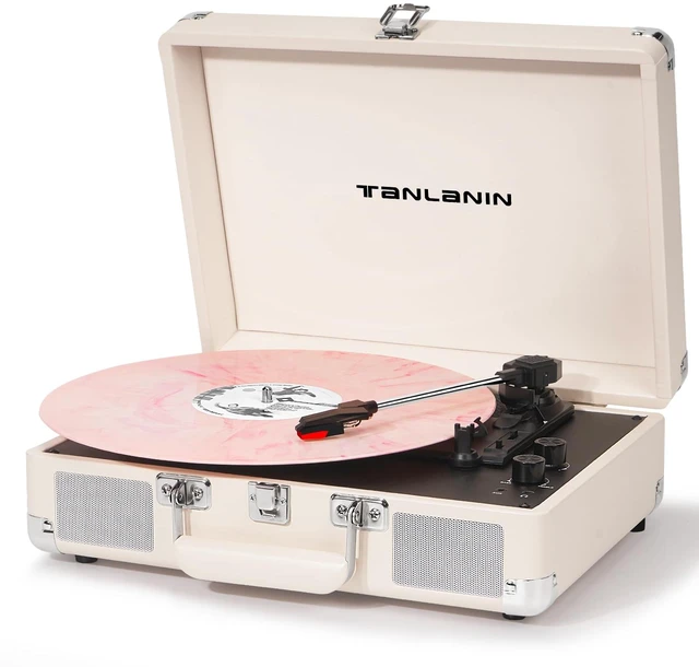 Main image of Record Player with Enhanced Speakers 3-Speed Bluetooth Suitcase Portable Vinyl Record Player Treble & Bass Control Belt Drive Vinyl Vintage Turntable AUX Line-in/Out, Creamy