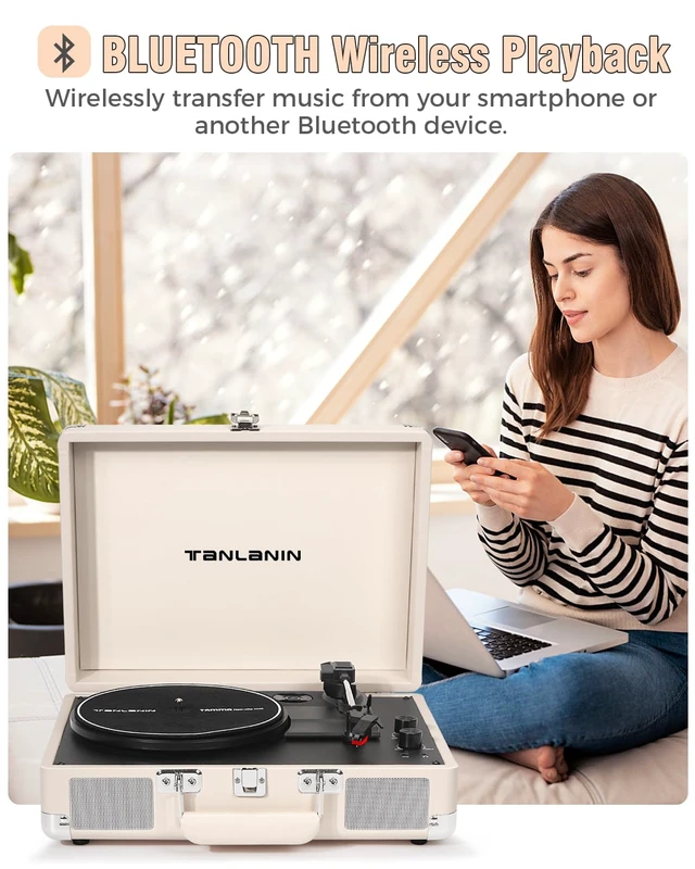 Alt view image 4 of 7 - Record Player with Enhanced Speakers 3-Speed Bluetooth Suitcase Portable Vinyl Record Player Treble & Bass Control Belt Drive Vinyl Vintage Turntable AUX Line-in/Out, Creamy