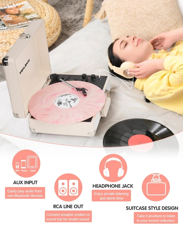 Alt view image 2 of 7 - Record Player with Enhanced Speakers 3-Speed Bluetooth Suitcase Portable Vinyl Record Player Treble & Bass Control Belt Drive Vinyl Vintage Turntable AUX Line-in/Out, Creamy