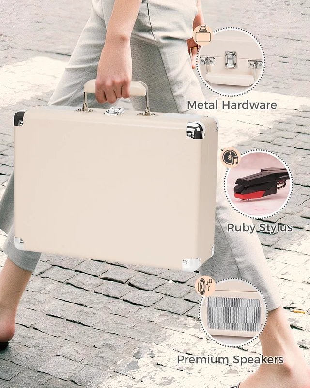 Alt view image 5 of 7 - Record Player with Enhanced Speakers 3-Speed Bluetooth Suitcase Portable Vinyl Record Player Treble & Bass Control Belt Drive Vinyl Vintage Turntable AUX Line-in/Out, Creamy