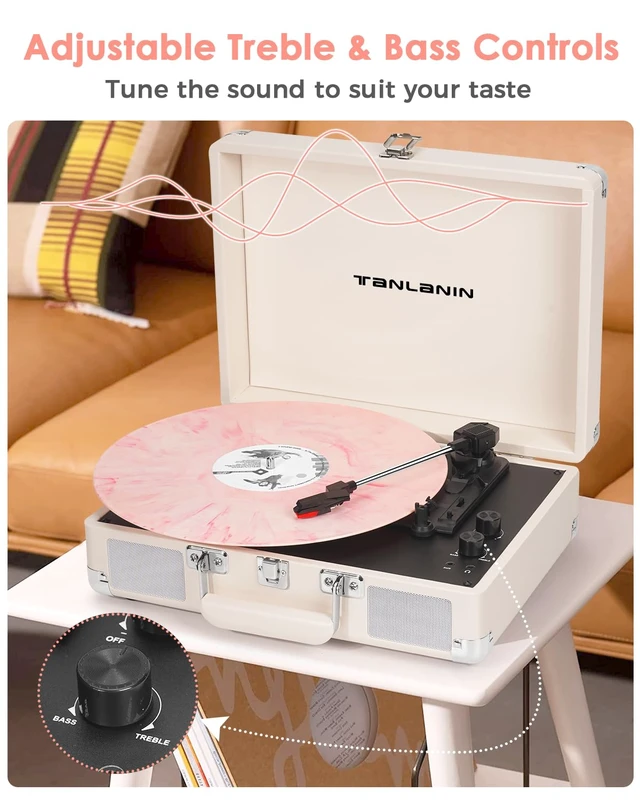 Alt view image 3 of 7 - Record Player with Enhanced Speakers 3-Speed Bluetooth Suitcase Portable Vinyl Record Player Treble & Bass Control Belt Drive Vinyl Vintage Turntable AUX Line-in/Out, Creamy