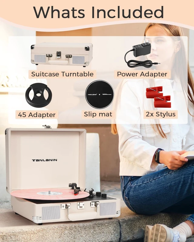 Alt view image 6 of 7 - Record Player with Enhanced Speakers 3-Speed Bluetooth Suitcase Portable Vinyl Record Player Treble & Bass Control Belt Drive Vinyl Vintage Turntable AUX Line-in/Out, Creamy