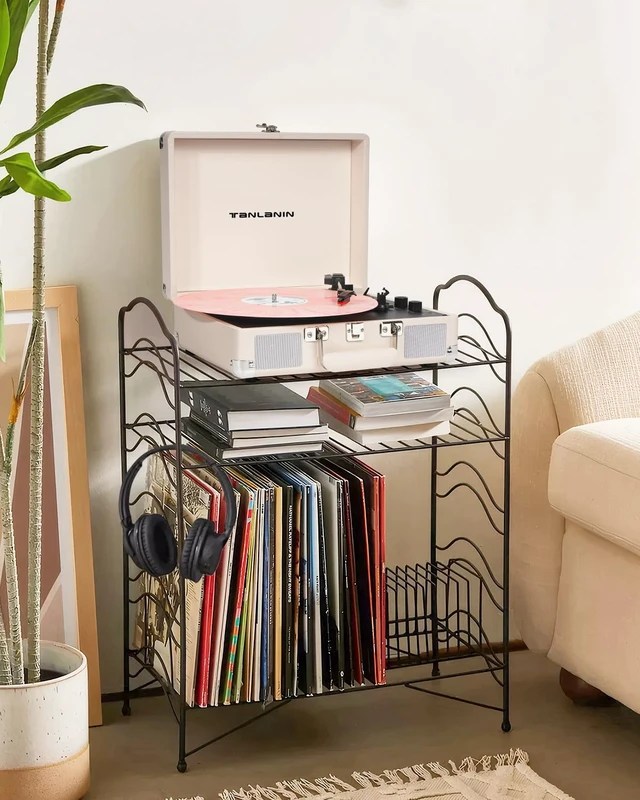 Alt view image 7 of 7 - Record Player with Enhanced Speakers 3-Speed Bluetooth Suitcase Portable Vinyl Record Player Treble & Bass Control Belt Drive Vinyl Vintage Turntable AUX Line-in/Out, Creamy