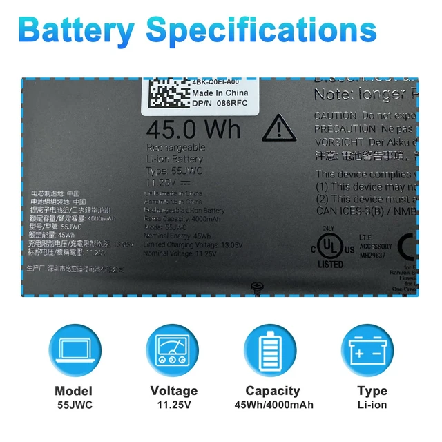 Alt view image 3 of 7 - 45Wh 55JWC Laptop Battery Replacement for Dell Pro 14 Plus PB14255 14 Plus 2-in-1 PB14255 Series 0M9HTK 0RF5VP CGR5V 001WEF VMV83 0MNK2F 060GY0 11.25V 4000mAh