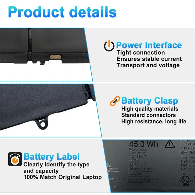 Alt view image 4 of 7 - 45Wh 55JWC Laptop Battery Replacement for Dell Pro 14 Plus PB14255 14 Plus 2-in-1 PB14255 Series 0M9HTK 0RF5VP CGR5V 001WEF VMV83 0MNK2F 060GY0 11.25V 4000mAh