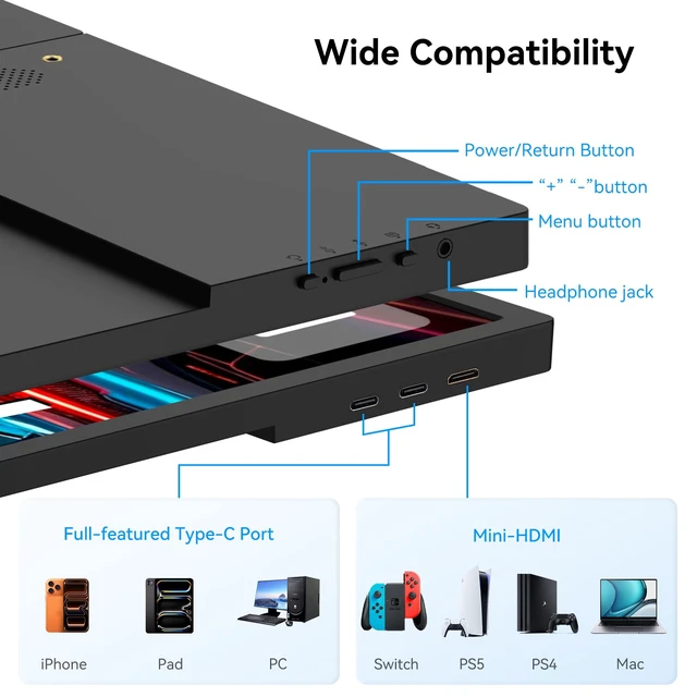 Alt view image 3 of 7 - 16" Portable Monitor, 1920x1200 IPS USB C HDMI Ultra Slim 16:10 External Display with Adjustable Kickstand, Travel Monitor for Laptop PC Phone Gaming Console