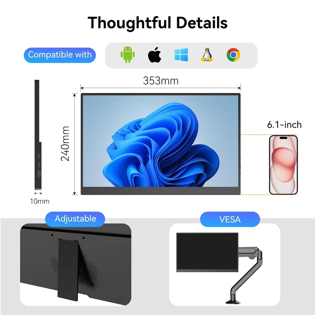 Alt view image 7 of 7 - 16" Portable Monitor, 1920x1200 IPS USB C HDMI Ultra Slim 16:10 External Display with Adjustable Kickstand, Travel Monitor for Laptop PC Phone Gaming Console