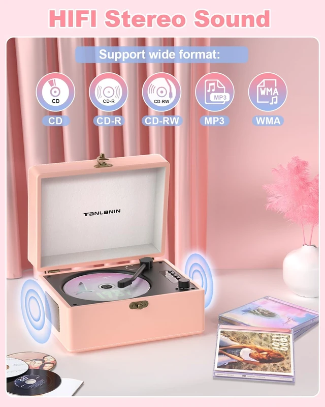 Alt view image 2 of 7 - CD Player Portable for Home with Upgraded Speakers Bluetooth in/Out Rechargeable Desktop CD Player with LED Screen Boombox Music Player Peach Pink