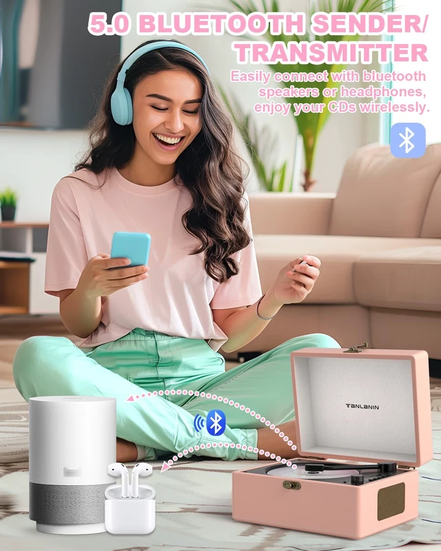 Alt view image 3 of 7 - CD Player Portable for Home with Upgraded Speakers Bluetooth in/Out Rechargeable Desktop CD Player with LED Screen Boombox Music Player Peach Pink