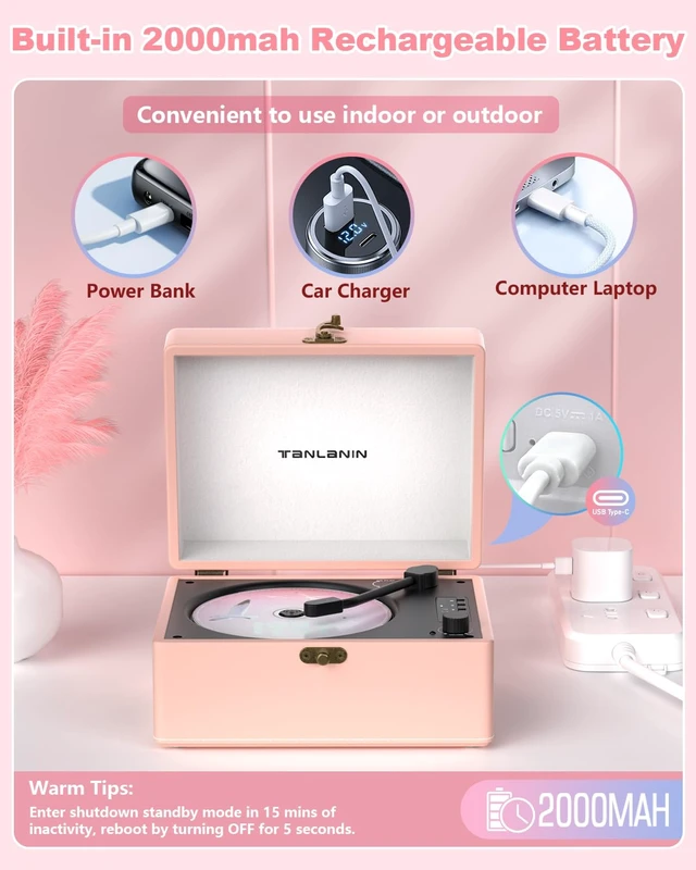 Alt view image 4 of 7 - CD Player Portable for Home with Upgraded Speakers Bluetooth in/Out Rechargeable Desktop CD Player with LED Screen Boombox Music Player Peach Pink