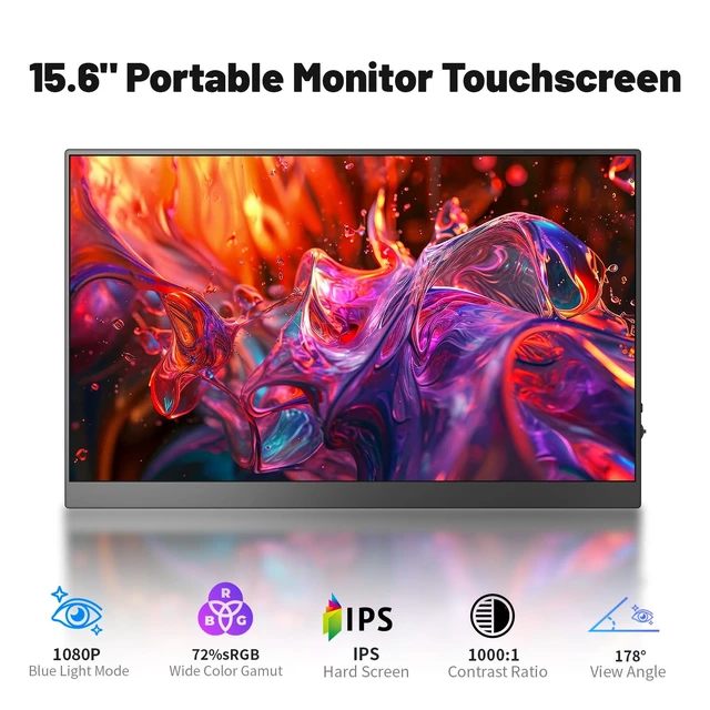 Alt view image 2 of 6 - Portable Monitor Touchscreen 15.6 Inch 1080P FHD 72% sRGB Touch Screen Monitor Portable with Kickstand & Speaker, HDMI USB-C Second Screen for Laptop PC Phone, VESA Mountable