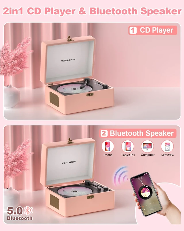 Alt view image 5 of 7 - CD Player Portable for Home with Upgraded Speakers Bluetooth in/Out Rechargeable Desktop CD Player with LED Screen Boombox Music Player Peach Pink