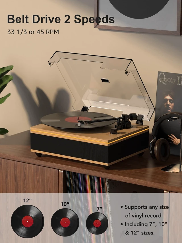 Alt view image 2 of 7 - Vinyl Record Player Turntables with Built in Speakers & Cool Light Strip All-in-one vintage turntable.Belt Drive 2-Speed Turntables with Magnetic Cartridge AT-3600L,Support RCA Output,Walnut