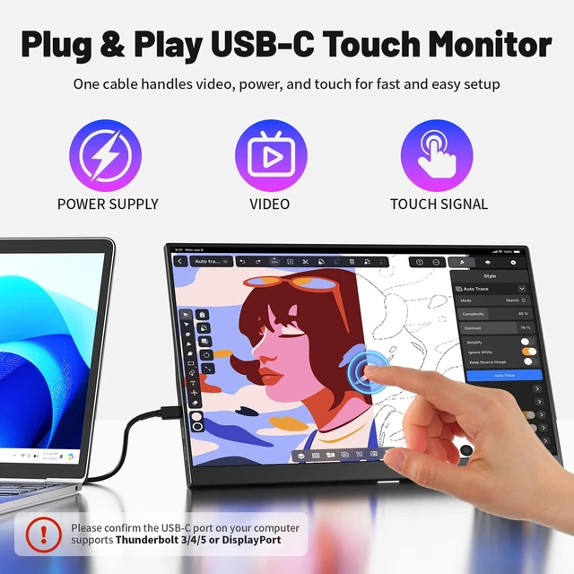 Alt view image 3 of 6 - Portable Monitor Touchscreen 15.6 Inch 1080P FHD 72% sRGB Touch Screen Monitor Portable with Kickstand & Speaker, HDMI USB-C Second Screen for Laptop PC Phone, VESA Mountable