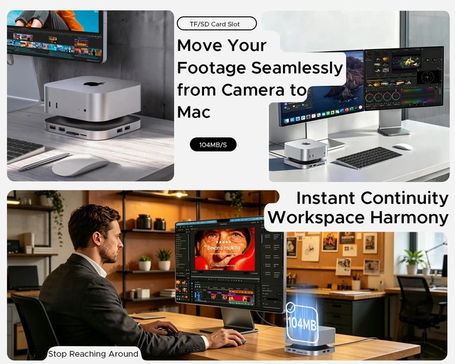 Alt view image 5 of 7 - Gadget Mac mini M4 Dock, 8TB M.2 NVMe/SATA SSD Enclosure & Stand, 4K@144Hz HDMI 2.1, 10Gbps USB-C & USB-A Hub, SD/TF Card Reader, 3.5mm Audio, Aluminum Docking Station for Mac mini M4 & M4 Pro