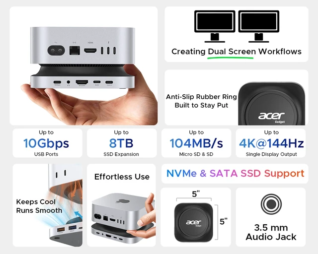 Alt view image 7 of 7 - Gadget Mac mini M4 Dock, 8TB M.2 NVMe/SATA SSD Enclosure & Stand, 4K@144Hz HDMI 2.1, 10Gbps USB-C & USB-A Hub, SD/TF Card Reader, 3.5mm Audio, Aluminum Docking Station for Mac mini M4 & M4 Pro