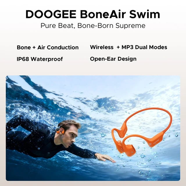 Alt view image 2 of 7 - Bone Air Swim Bone Conduction Headphones Open Ear Wireless Waterproof Headphones 64GB IP68 Dual Conduction Headphones 8H Playtime Open Ear Sports Headphones for Cycling Swiming - Orange