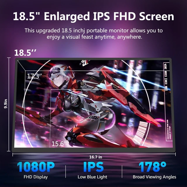 Alt view image 2 of 7 - 18.5 inch Portable Monitor + Sleeve 120Hz 1080P,100% sRGB FHD HDR USB HDMI with VESA Ultra Slim Portable Laptop Office Monitor,for Computer Switch Phone Game Devices