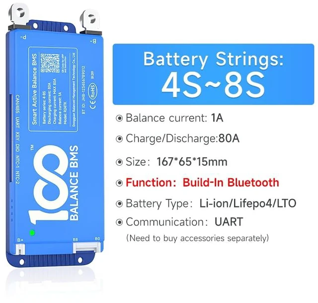 Alt view image 5 of 7 - DALY Smart BMS 12V-24V 80A Built-in 1A Active Balancer Bluetooth App Monitoring. 4S-8S LiFePO4 Li-ion LTO Support. Designed for Energy Storage, RVs, Trolling Motors