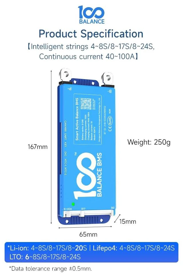 Alt view image 6 of 7 - DALY Smart BMS 12V-24V 80A Built-in 1A Active Balancer Bluetooth App Monitoring. 4S-8S LiFePO4 Li-ion LTO Support. Designed for Energy Storage, RVs, Trolling Motors